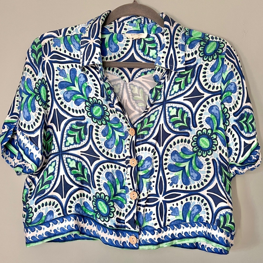 Haute Hippie Boxy Cropped Blue Green Collared Button Down‎ Shirt Size Small